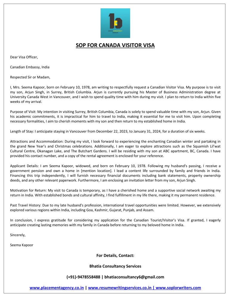 Cover Letter for Canada Visitor Visa After Refusal