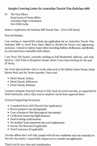Australia Tourist Visa Covering Letter